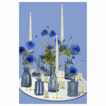 Blue Eclectic Bud Vase Display With Ivory LED taper candles