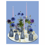 Blue Eclectic Bud Vase Display With Ivory LED taper candles