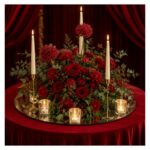 Low Floral Display - BLUE & PURPLE / Colourful - With Lavender LED Taper Candles