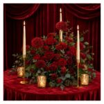 Low Floral Display - BLUE & PURPLE / Colourful - With Lavender LED Taper Candles