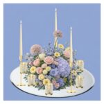 Low Floral Display - BLUE & PURPLE / Colourful - With Lavender LED Taper Candles