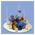Low Floral Display - BLUE & PURPLE / Colourful - With Lavender LED Taper Candles