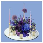 Low Floral Display - BLUE & PURPLE / Colourful - With Lavender LED Taper Candles