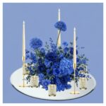 Low Floral Display - BLUE & PURPLE / Colourful - With Lavender LED Taper Candles